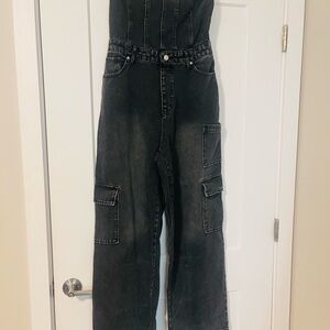 Black Denim Cargo Jumpsuit